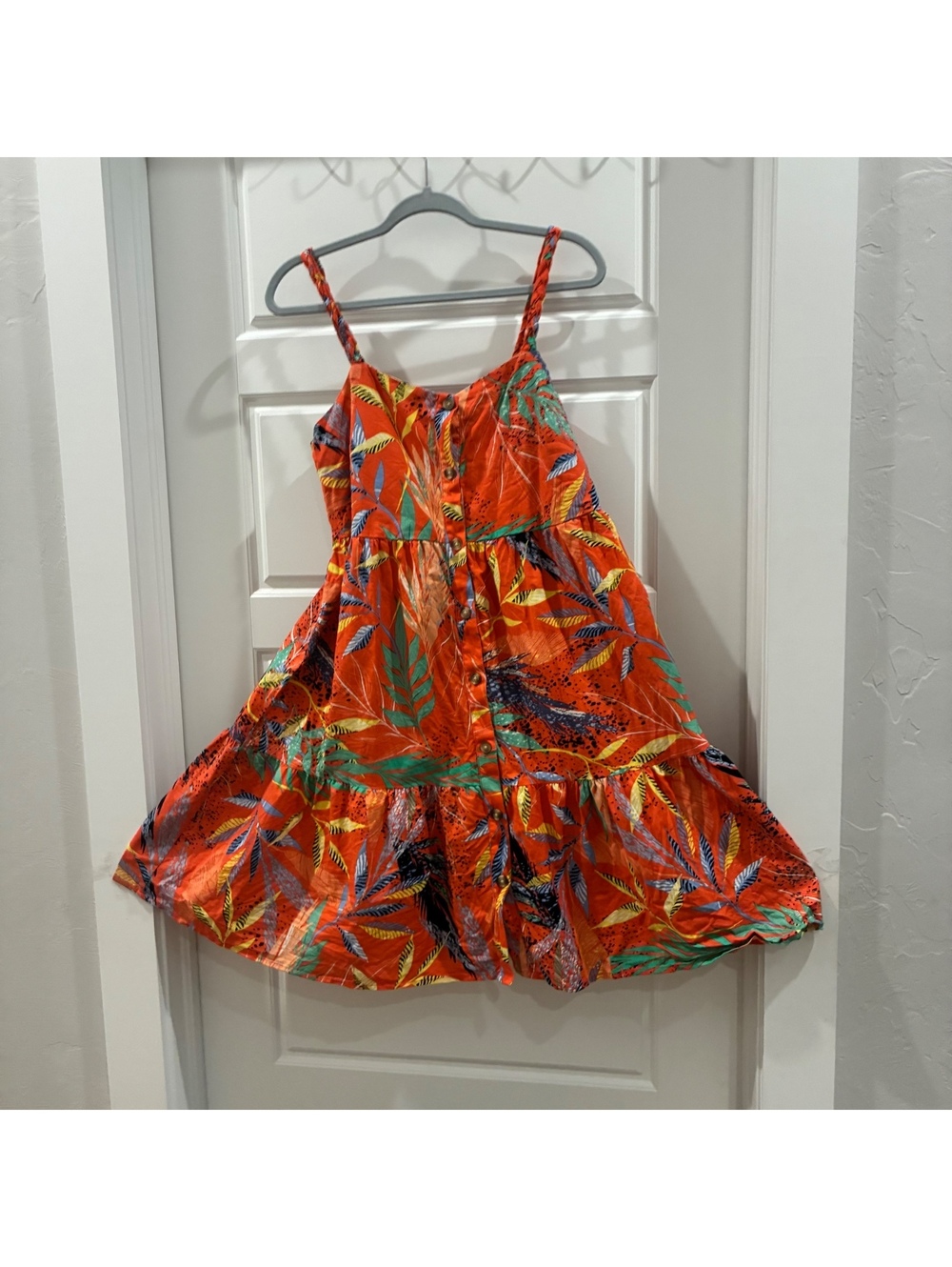 BeachLunchLounge Tropical Dress Medium Orange Linen Blend Tiered Button Front